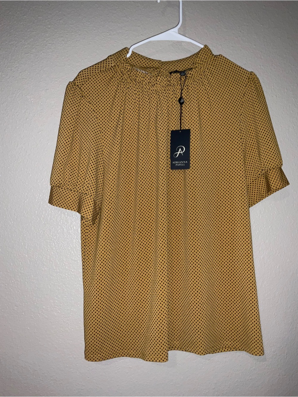 Adrianna Papell Mustard Polka Dot Short Sleeve Top